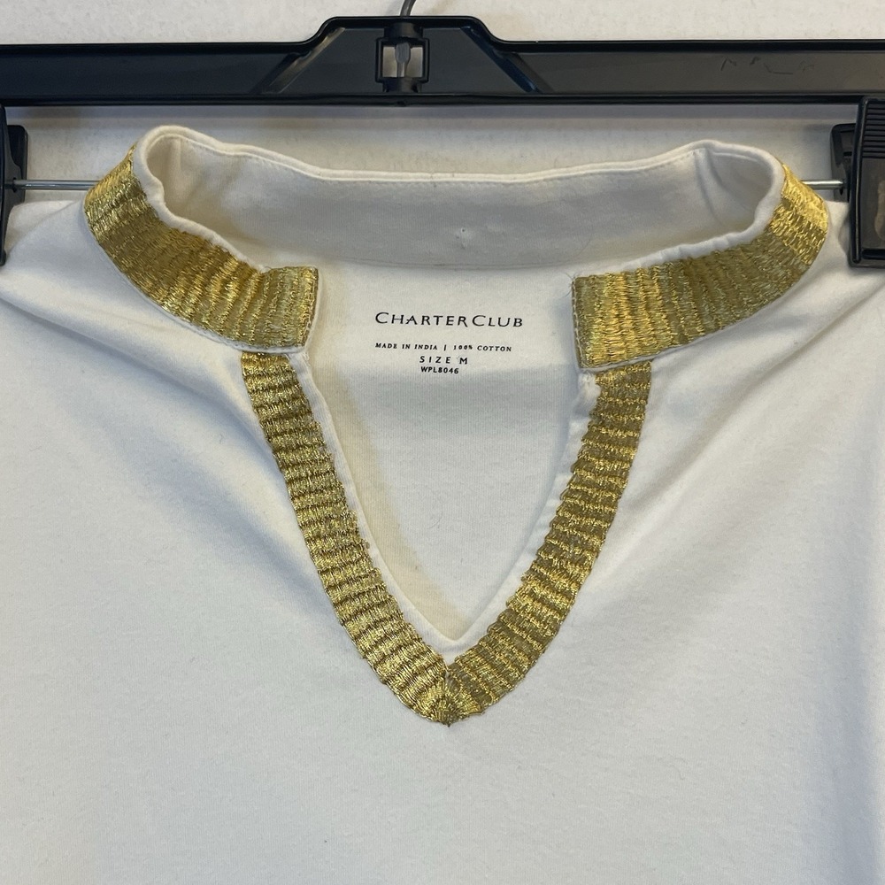 Charter Club‎ Resort Wear White with Gold Trim Tunic Top Size Medium